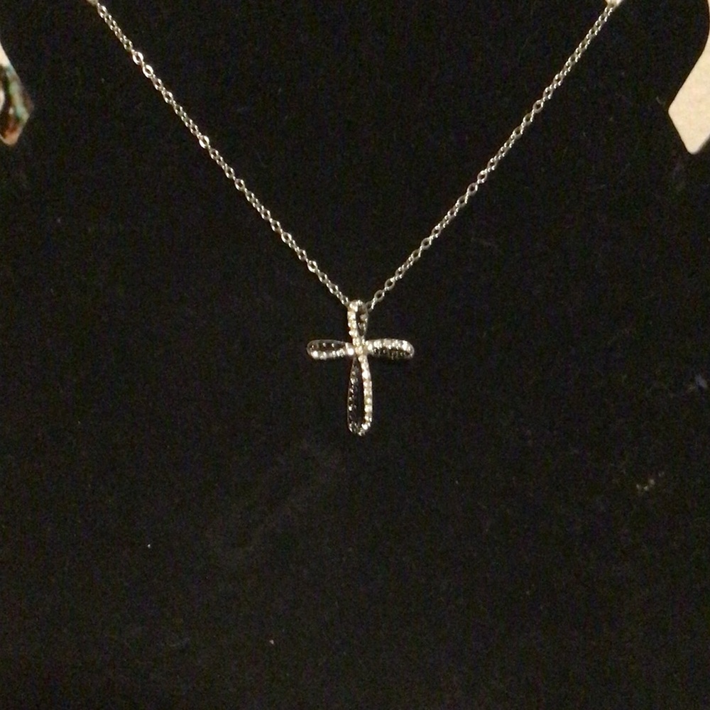 16” silver necklace with 2 tone cross pendant.